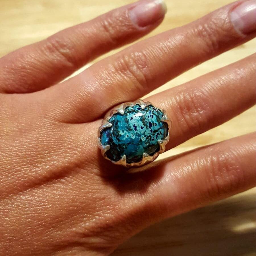 Chrysocolla Ring, Natural Chrysocolla, Statement Ring, Vintage Ring, Sagittarius Ring, Large Stone Ring, Blue Ring, Silver Ring, Chrysocolla