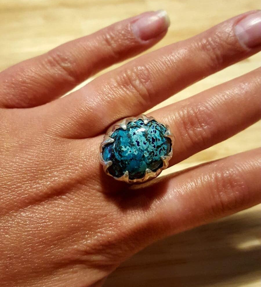Chrysocolla Ring, Natural Chrysocolla, Statement Ring, Vintage Ring, Sagittarius Ring, Large Stone Ring, Blue Ring, Silver Ring, Chrysocolla