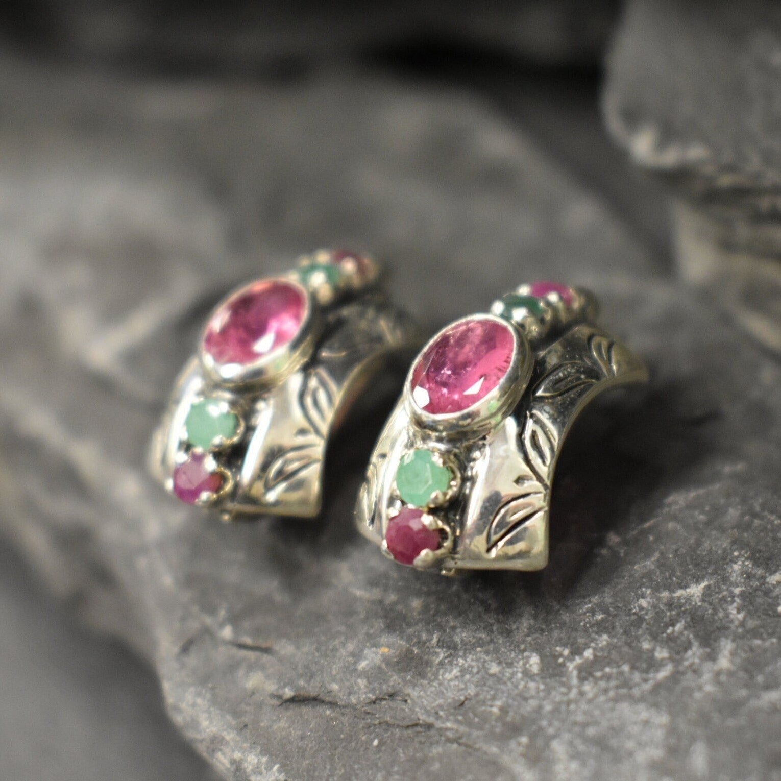 Pink Tourmaline Earrings, Natural Tourmaline, Tribal Earrings, October Birthstone, Statement Studs, Heavy Earrings, Solid Silver Earrings