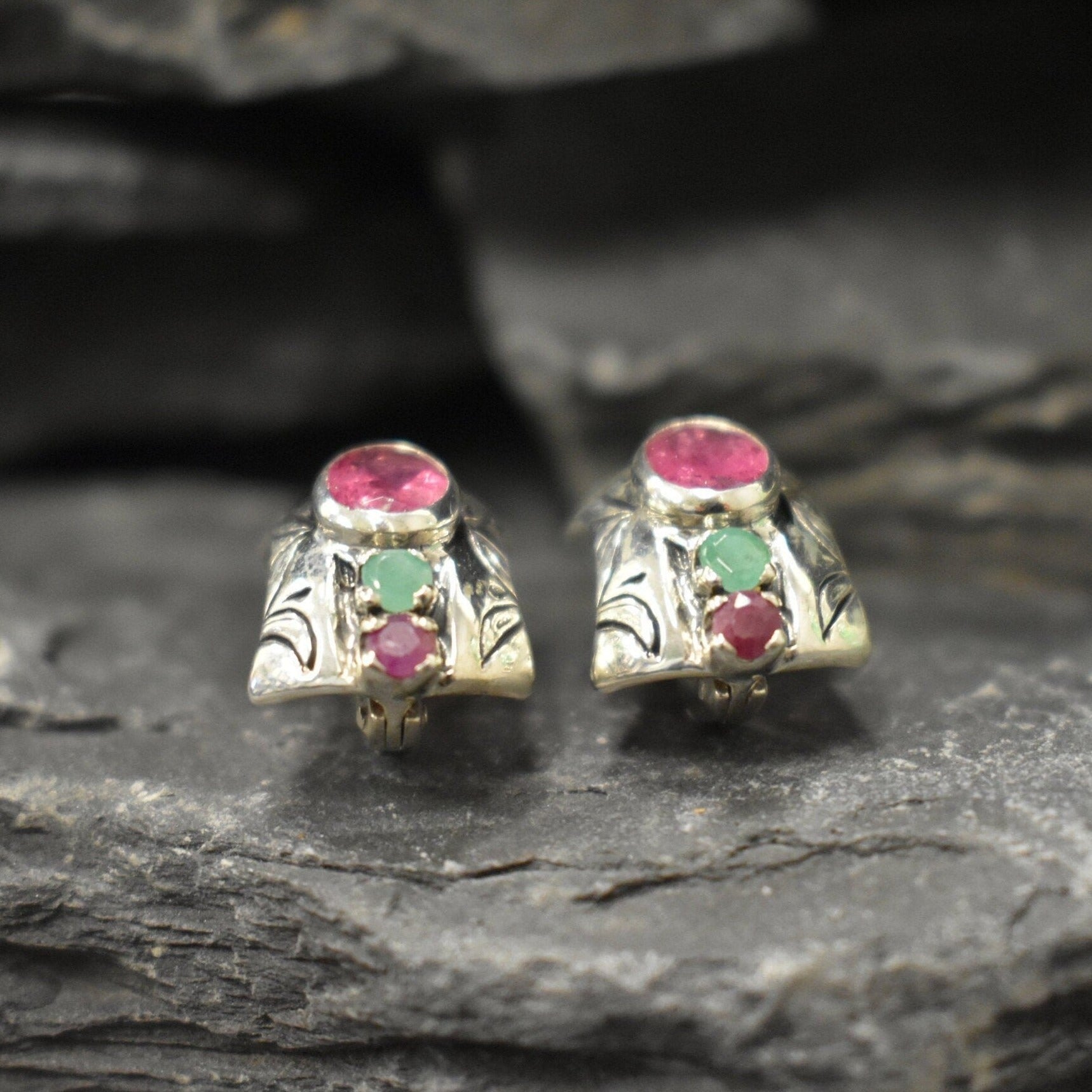 Pink Tourmaline Earrings, Natural Tourmaline, Tribal Earrings, October Birthstone, Statement Studs, Heavy Earrings, Solid Silver Earrings