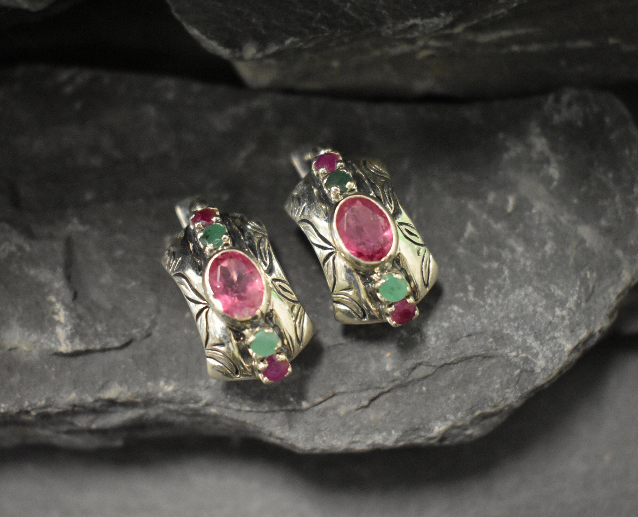 Pink Tourmaline Earrings, Natural Tourmaline, Tribal Earrings, October Birthstone, Statement Studs, Heavy Earrings, Solid Silver Earrings