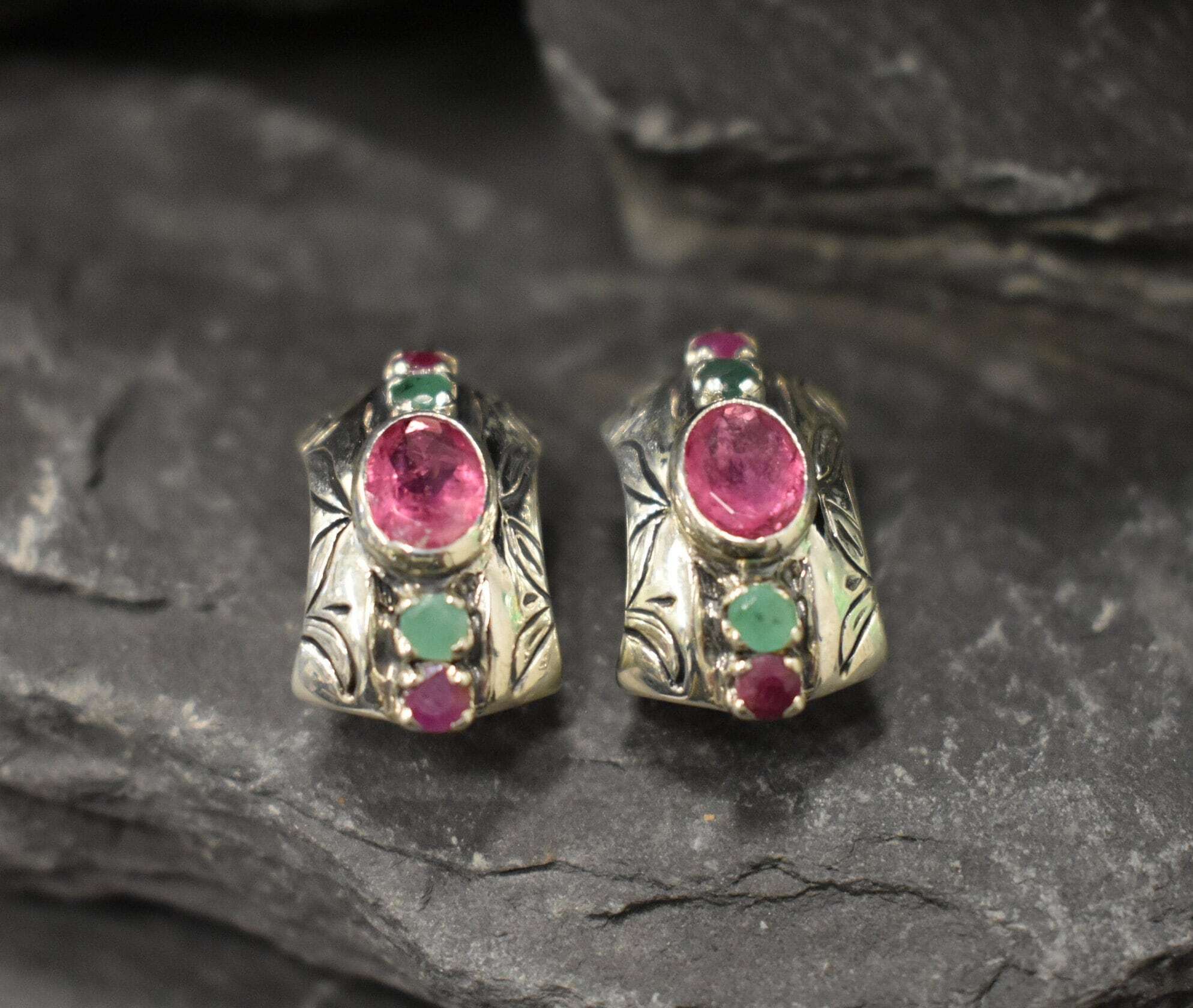 Pink Tourmaline Earrings, Natural Tourmaline, Tribal Earrings, October Birthstone, Statement Studs, Heavy Earrings, Solid Silver Earrings