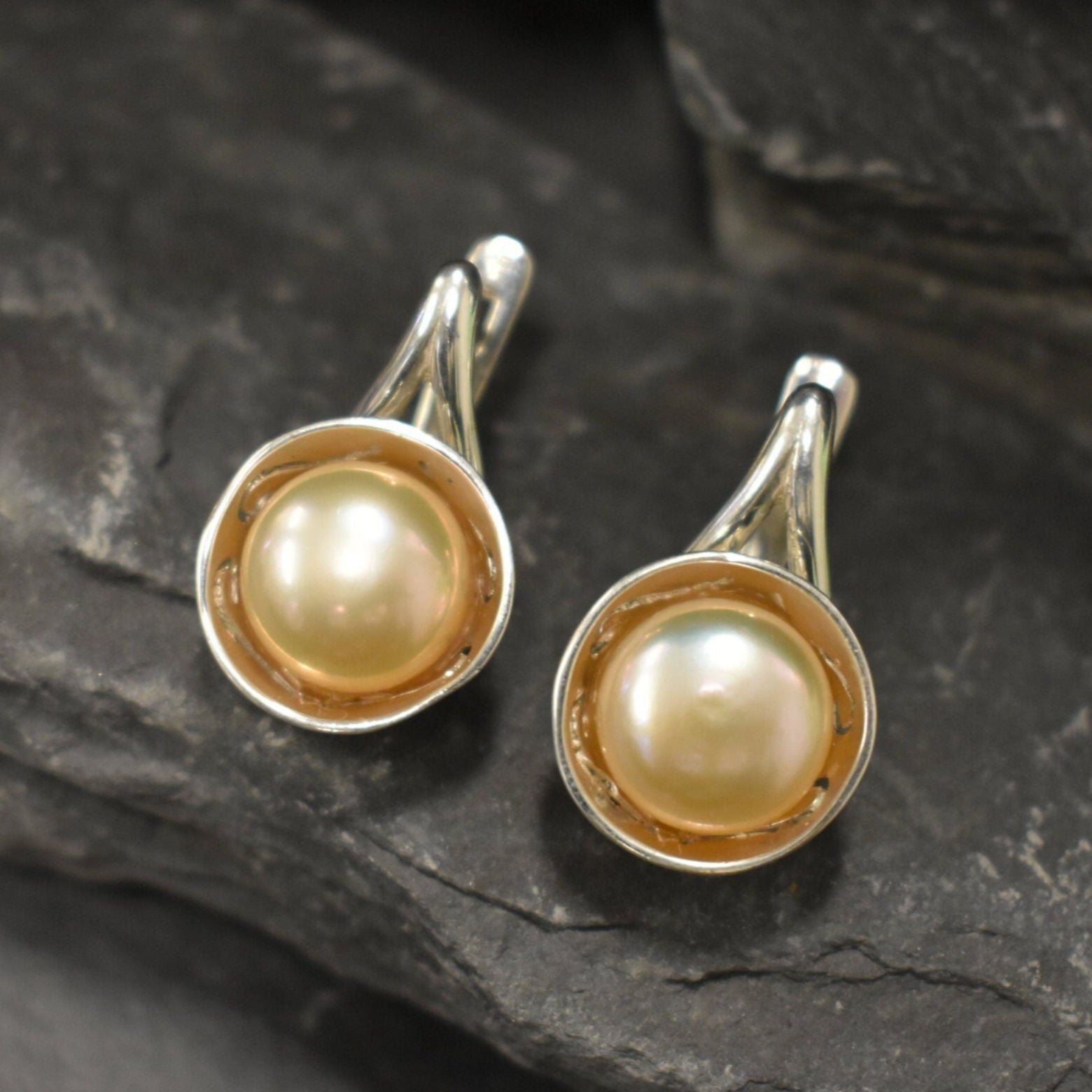 Peach Pearl Earrings, Natural Pearl, Teardrop Earrings, June Birthstone, Vintage Pearl Earrings, Statement Studs, Solid Silver Earrings