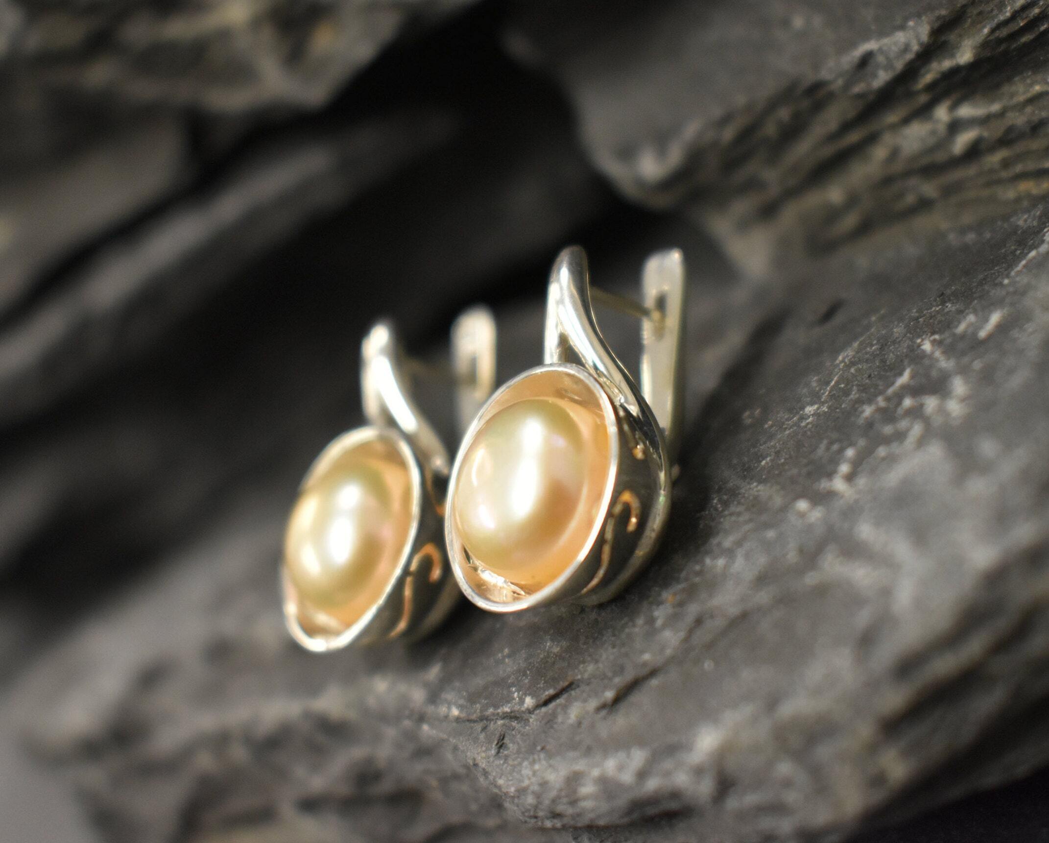 Peach Pearl Earrings, Natural Pearl, Teardrop Earrings, June Birthstone, Vintage Pearl Earrings, Statement Studs, Solid Silver Earrings