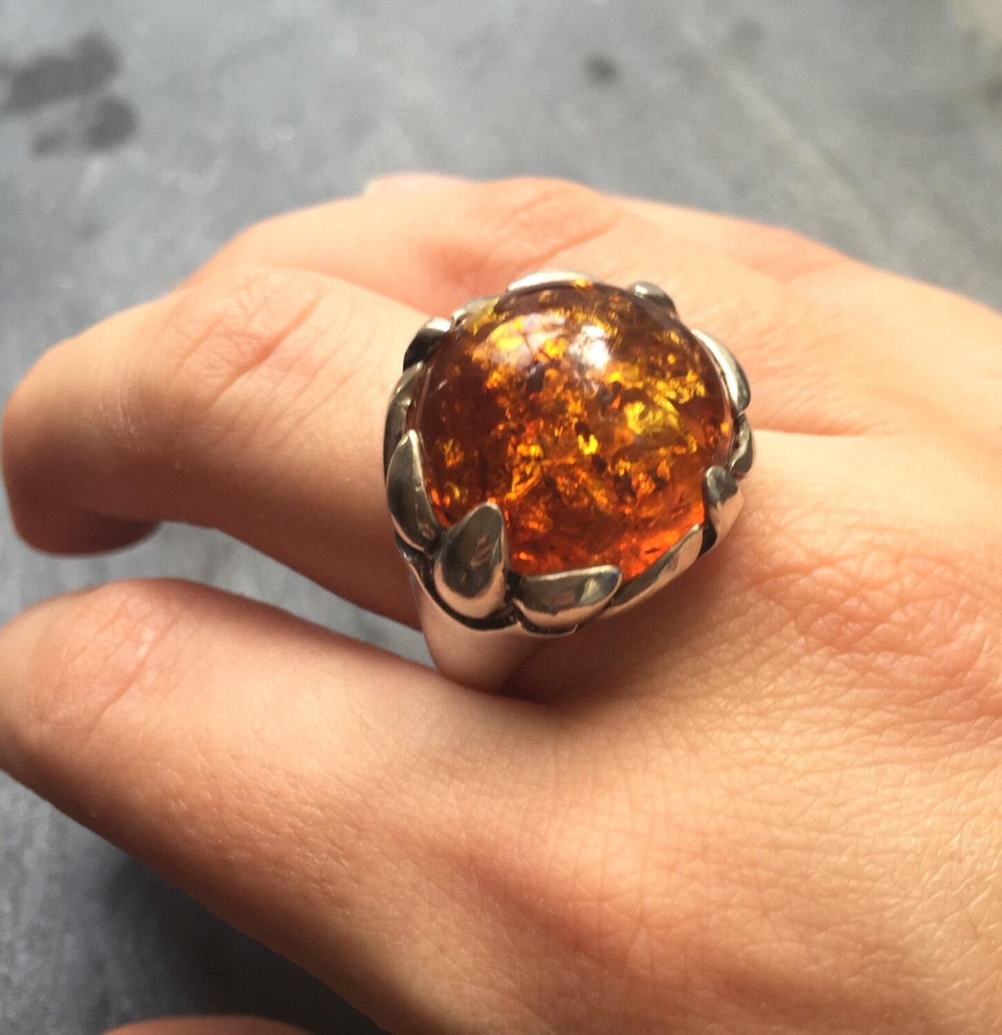Amber Ring, Natural Amber, Vintage Rings, Antique Rings, Taurus Birthstone, Large Amber, Yellow Gemstone, Solid Silver Ring, Pure Silver (480515791)
