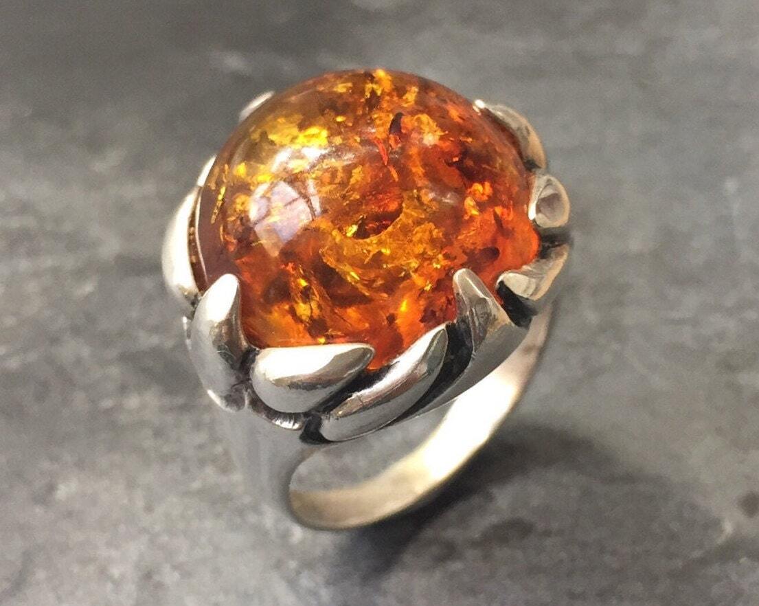 Amber Ring, Natural Amber, Vintage Rings, Antique Rings, Taurus Birthstone, Large Amber, Yellow Gemstone, Solid Silver Ring, Pure Silver (480515791)