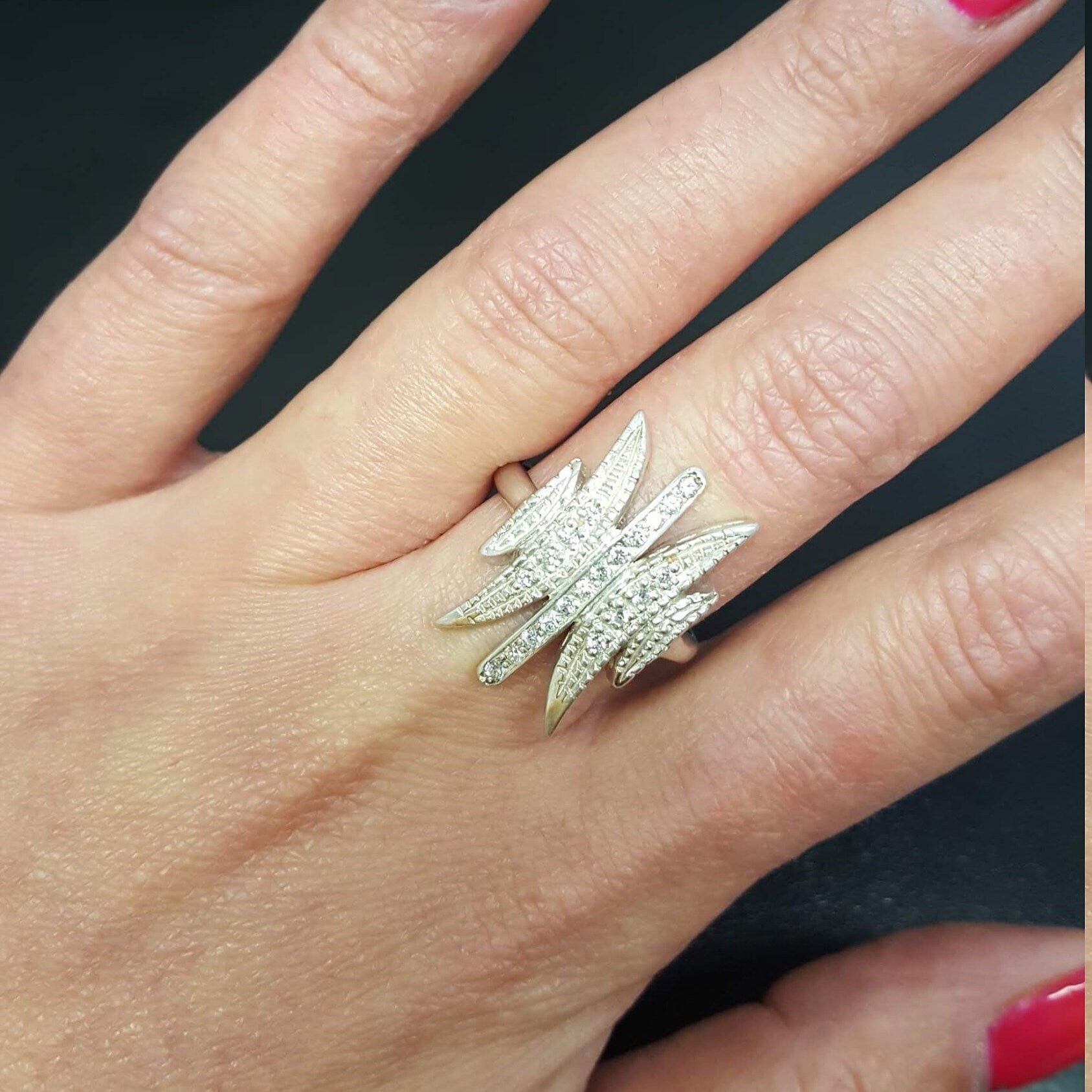 Diamond Ring, Created Diamond, Artistic Ring, Statement Ring, Leaf Ring, Solid Silver Ring, Vintage Ring, White Diamond Ring, Diamond