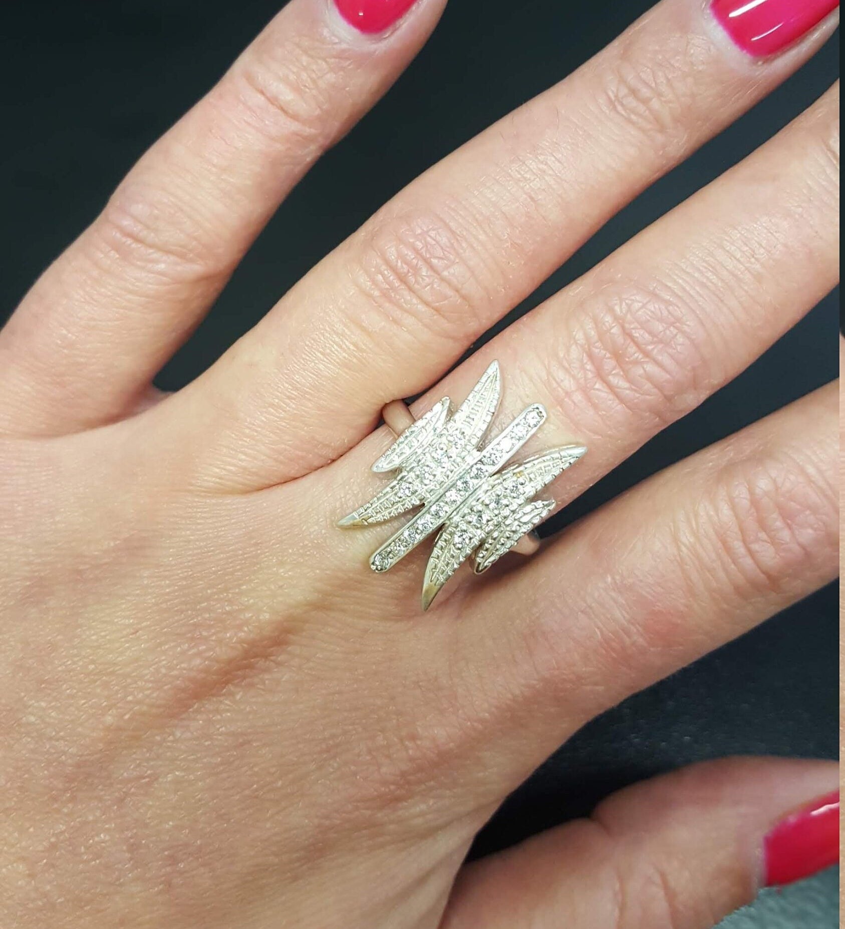 Diamond Ring, Created Diamond, Artistic Ring, Statement Ring, Leaf Ring, Solid Silver Ring, Vintage Ring, White Diamond Ring, Diamond