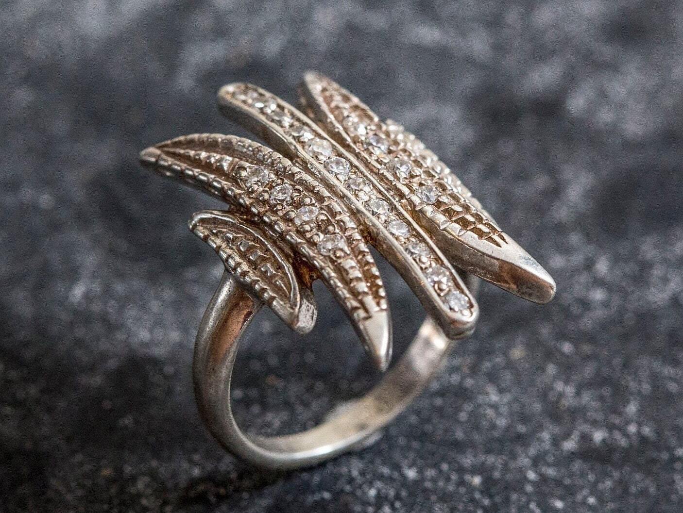 Diamond Ring, Created Diamond, Artistic Ring, Statement Ring, Leaf Ring, Solid Silver Ring, Vintage Ring, White Diamond Ring, Diamond