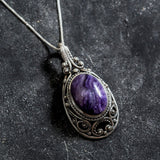 Charoite Necklace - Purple Victorian Necklace - Large Vintage Pendant