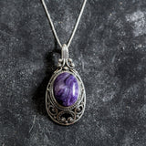 Charoite Necklace - Purple Victorian Necklace - Large Vintage Pendant