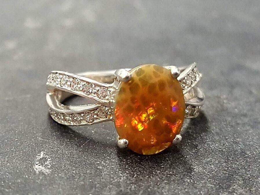 Natural Ethiopian Flashy Fire Opal Ring 92.5 Sterling Opal Twig and Maple  Leaf | eBay