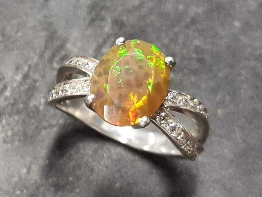 Fire Opal Ring, Natural Ethiopian Opal, Unique Opal Ring, Engagement Ring, Fire Ring, Yellow Fire Ring, Tiger Ring, Solid Silver Ring