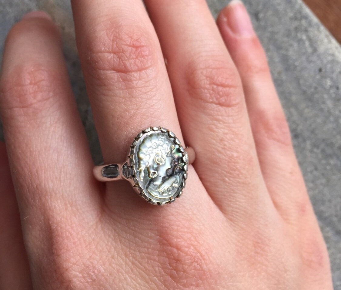 Cameo Ring, Roman Ring, Solid Silver Ring, Sterling Silver Ring, Renaissance Ring, Roman Jewelry, Matching Set, Shell Ring, Lady Ring,