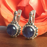 Kyanite Earrings - Blue Round Earrings - Vintage Flower Earrings