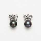 Ribbon Pearl Earrings - Black Pearl Earrings - Round Drop Earrings