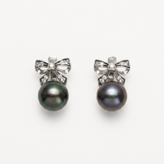Ribbon Pearl Earrings - Black Pearl Earrings - Round Drop Earrings