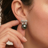 Ribbon Pearl Earrings - Black Pearl Earrings - Round Drop Earrings