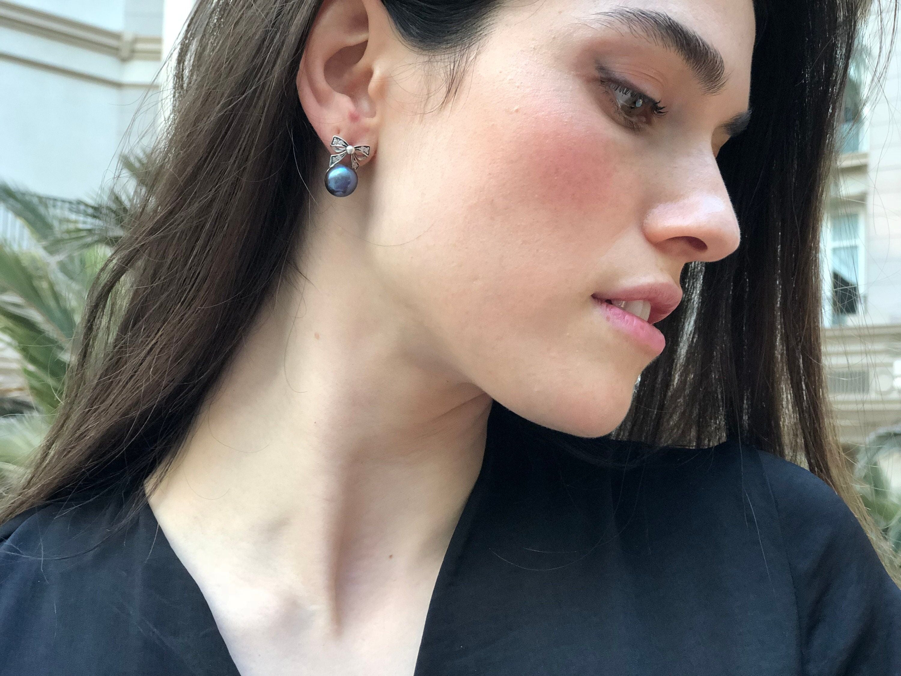 Ribbon Earrings, Black Pearl Earrings, Natural Pearl, Pearl Earrings, June Birthstone, Vintage Earrings, June Earrings, Solid Silver, Pearl