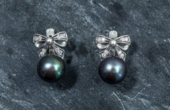 Ribbon Earrings, Black Pearl Earrings, Natural Pearl, Pearl Earrings, June Birthstone, Vintage Earrings, June Earrings, Solid Silver, Pearl