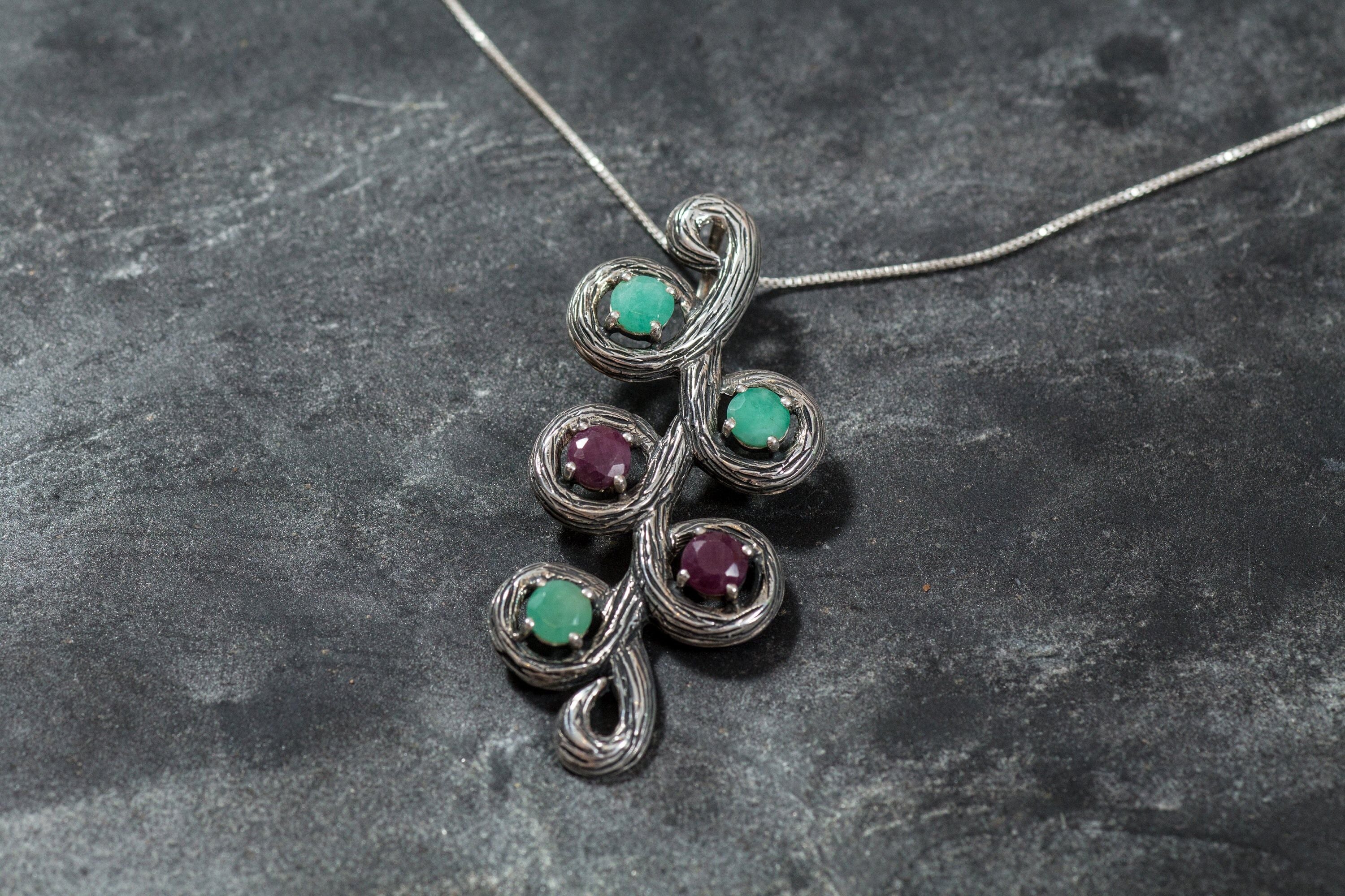 Leaf Pendant, Emerald Pendant, Ruby Pendant, Birthstone Pendant, Unique Pendant, May Pendant, June Birthstone, Solid Silver Pendant