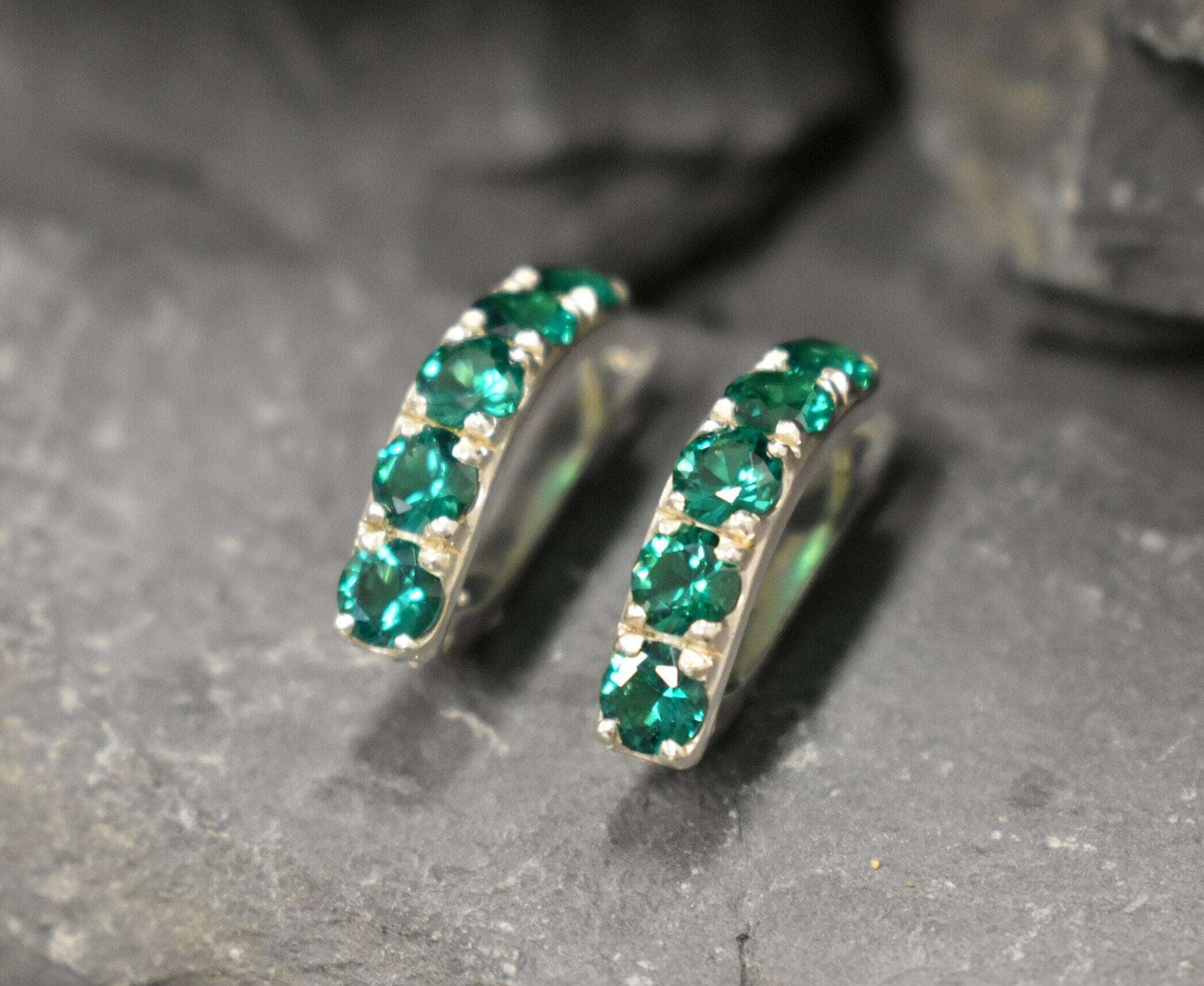 Created Emerald Earrings made in 925 Sterling Silver with Round Created Green Emerald in Prong setting, May Birthstone gift idea, symbolizes, ideal for everyday wear and perfect for birthday gifting and special occasions.