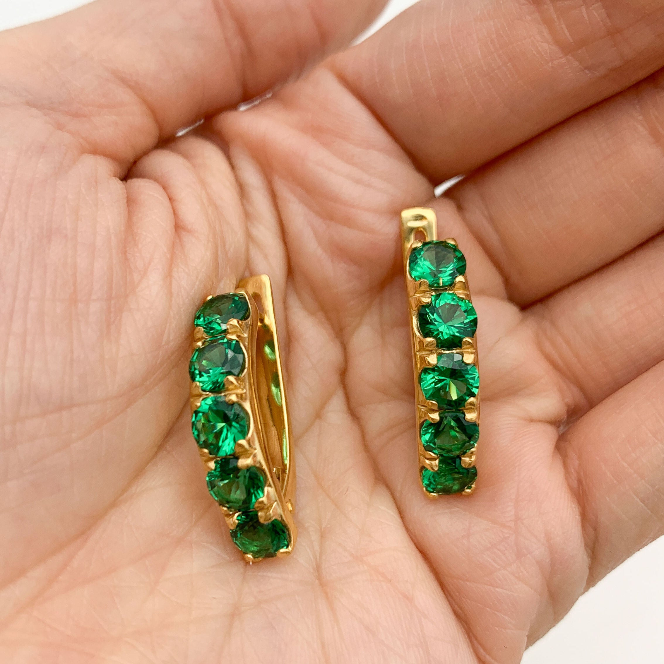 Stunning Emerald Earrings in 18k Gold Vermeil with Round Created Green Emeralds, perfect for birthdays and everyday elegance.