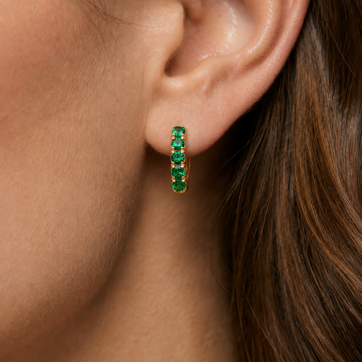 Stunning Emerald Earrings in 18k Gold Vermeil with Round Created Green Emeralds, perfect for birthdays and everyday elegance.