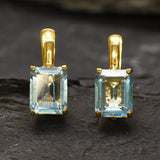 Gold Blue Topaz Earrings - Blue Square Earrings, Natural Blue Topaz Earrings