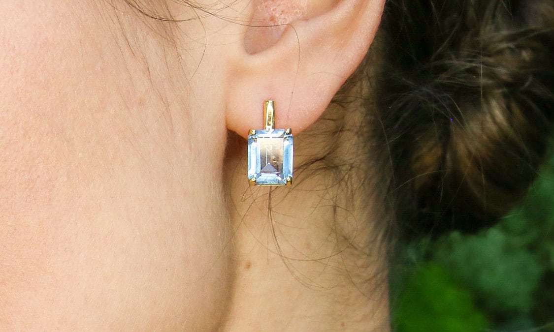 Square Blue Topaz Earrings, Natural Blue Topaz, Radiant Earrings, Blue Studs, 6 Carat Earrings, December Birthstone, Solid Silver Earrings(1)
