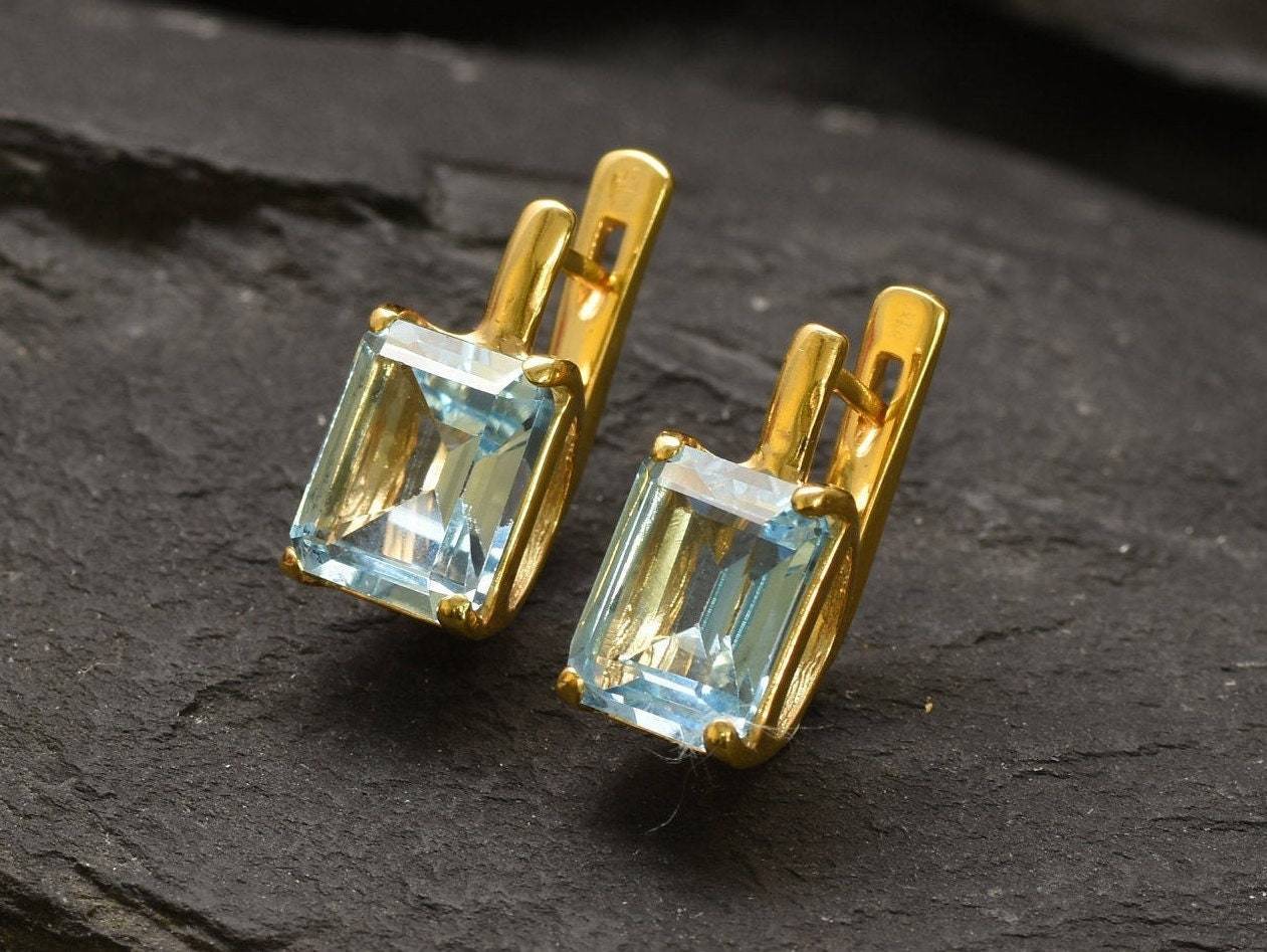 Square Blue Topaz Earrings, Natural Blue Topaz, Radiant Earrings, Blue Studs, 6 Carat Earrings, December Birthstone, Solid Silver Earrings(1)