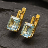 Gold Blue Topaz Earrings - Blue Square Earrings, Natural Blue Topaz Earrings