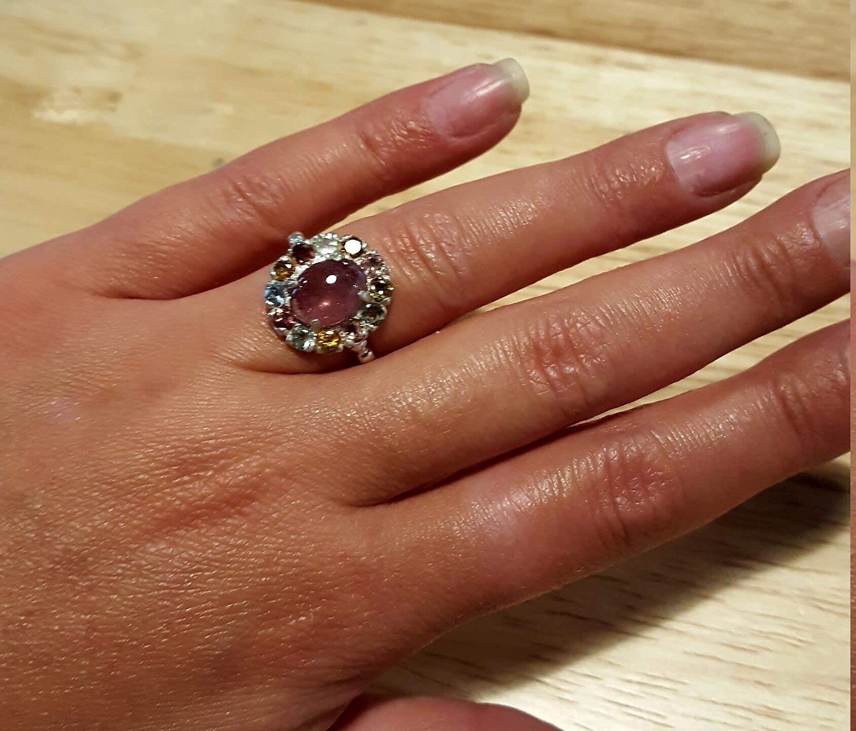 Pink Vintage Ring, Pink Tourmaline Ring, Yellow Tourmaline, Green tourmaline, Unique Ring, October Birthstone, Solid Silver Ring, Tourmaline
