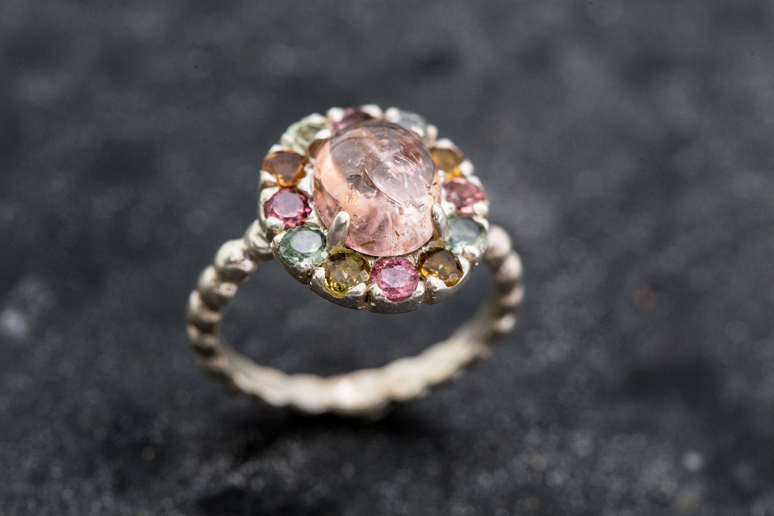 Pink Vintage Ring, Pink Tourmaline Ring, Yellow Tourmaline, Green tourmaline, Unique Ring, October Birthstone, Solid Silver Ring, Tourmaline