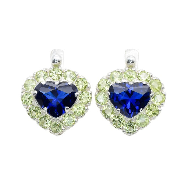 Created Sapphire Earrings made in 925 Sterling Silver with Heart Created Blue Sapphire in Halo setting, September Birthstone gift idea, symbolizes sincerity, truth, and faithfulness, ideal for everyday wear and perfect for birthday gifting and special occasions.