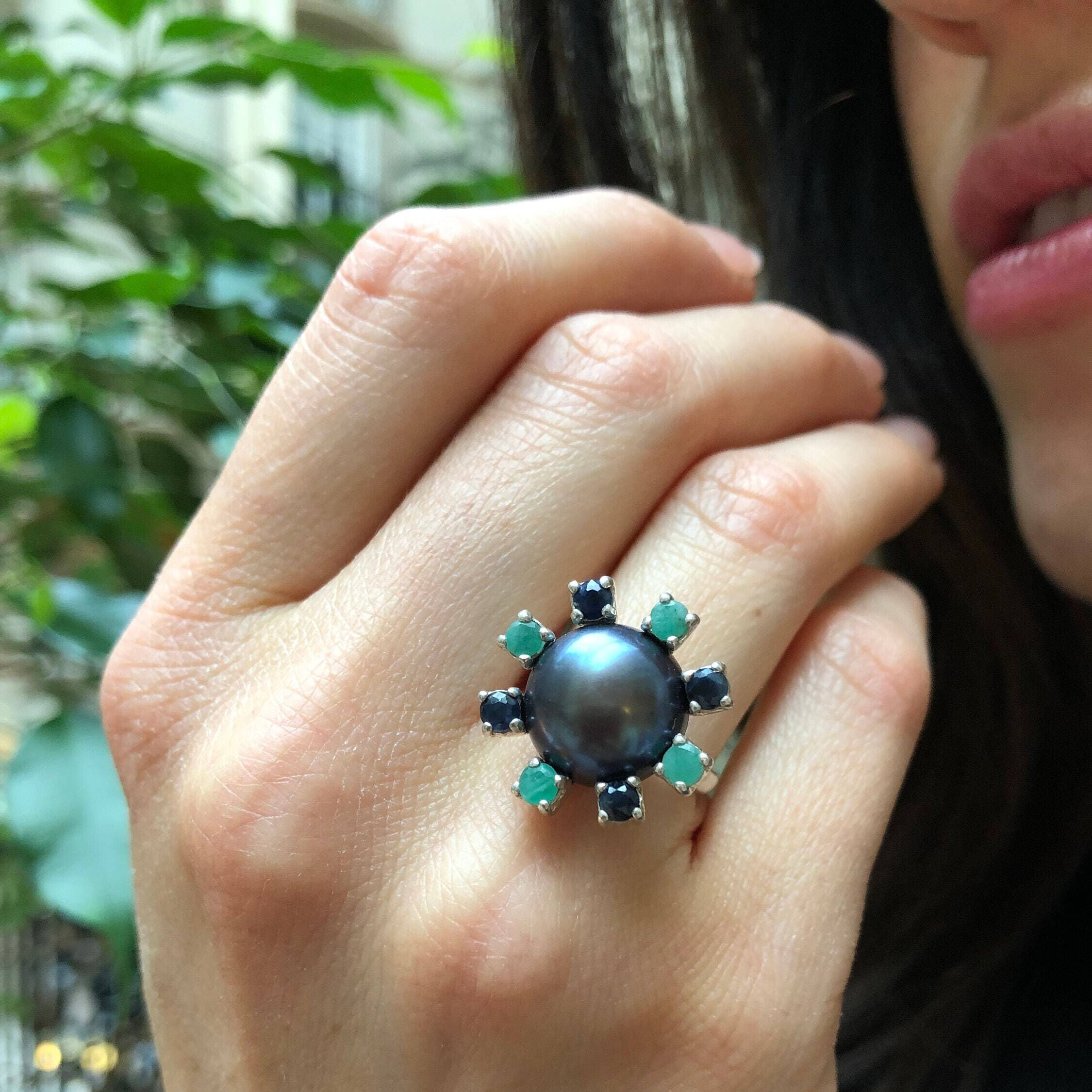 Black Pearl Ring, Genuine Pearl, June Birthstone Ring, Emerald Ring, Sapphire Ring, Natural Emerald Ring, Pearl Flower Ring, 925 Silver Ring
