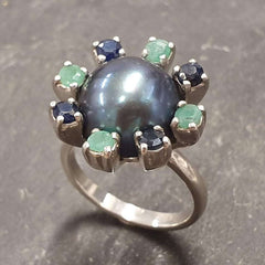 Black Pearl Ring, Genuine Pearl, June Birthstone Ring, Emerald Ring, Sapphire Ring, Natural Emerald Ring, Pearl Flower Ring, 925 Silver Ring