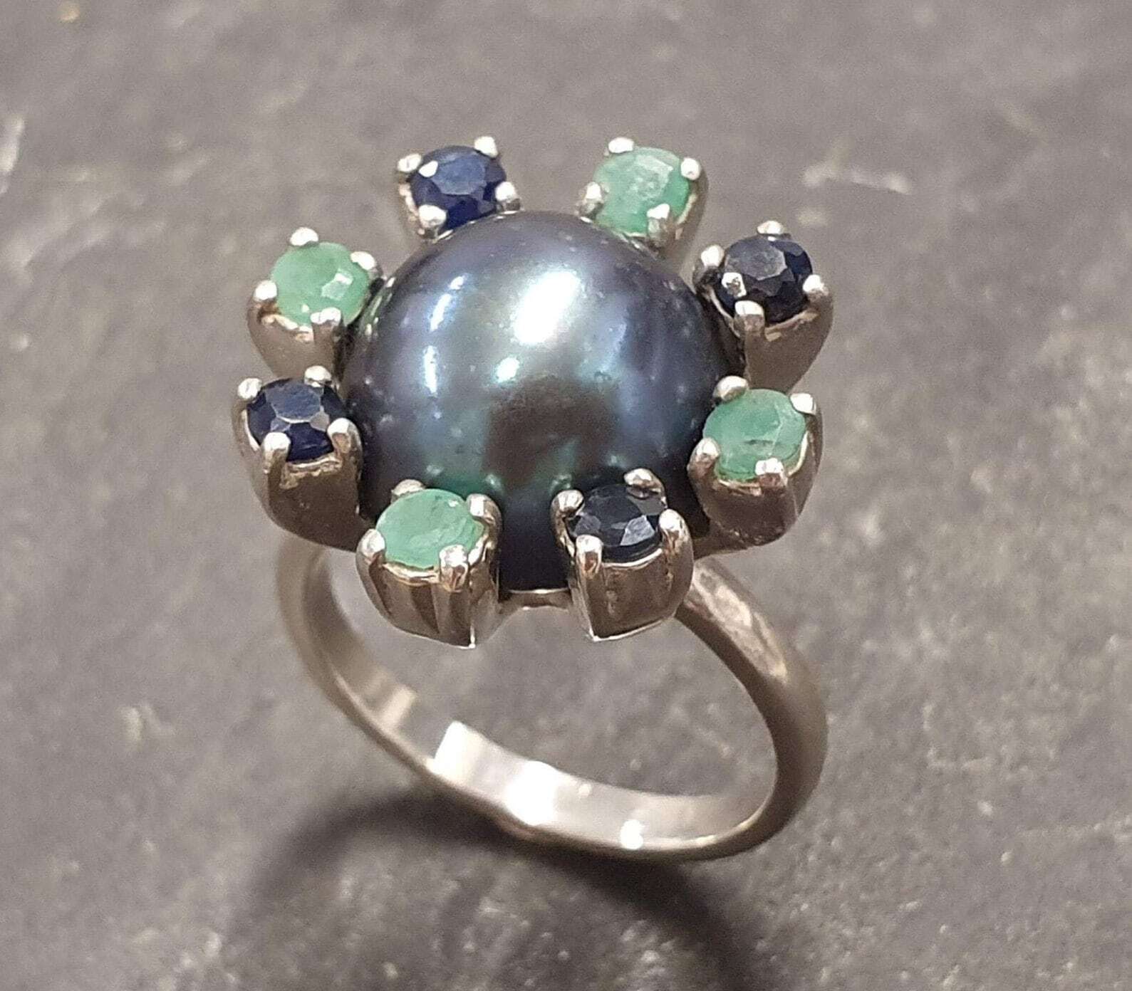 Black Pearl Ring, Genuine Pearl, June Birthstone Ring, Emerald Ring, Sapphire Ring, Natural Emerald Ring, Pearl Flower Ring, 925 Silver Ring