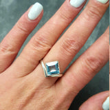 Square Blue Topaz Ring - Princess Cut Ring - Classy Bezel Ring