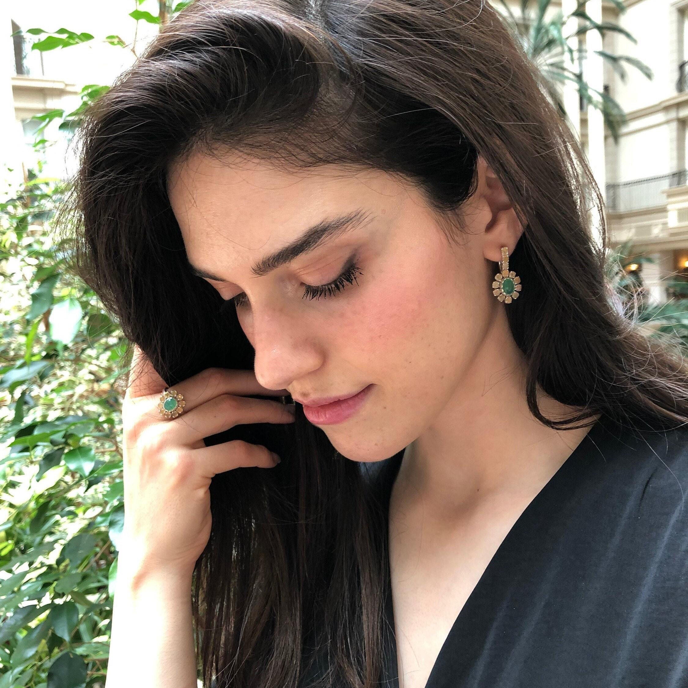 Chrysoprase Earrings, Fire Opal Earrings, Long Green Earrings, Victorian Earrings, Statement Earrings, Solid Silver Earrings, Natural Opal