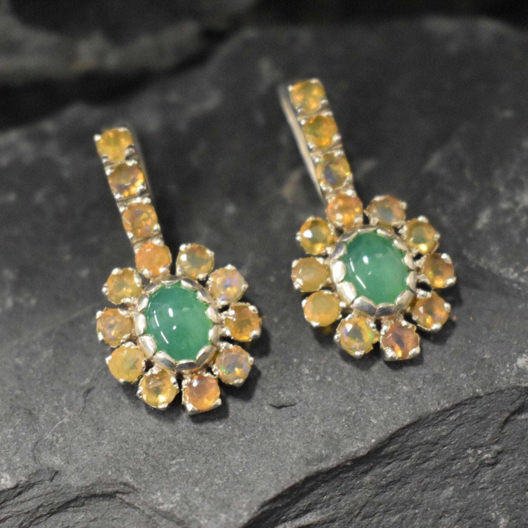 Chrysoprase Earrings, Fire Opal Earrings, Long Green Earrings, Victorian Earrings, Statement Earrings, Solid Silver Earrings, Natural Opal