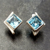 Square Blue Topaz Earrings - Princess Cut Earrings - Classy Bezel Studs