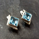 Square Blue Topaz Earrings - Princess Cut Earrings - Classy Bezel Studs