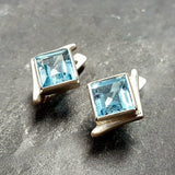 Square Blue Topaz Earrings - Princess Cut Earrings - Classy Bezel Studs