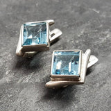 Square Blue Topaz Earrings - Princess Cut Earrings - Classy Bezel Studs