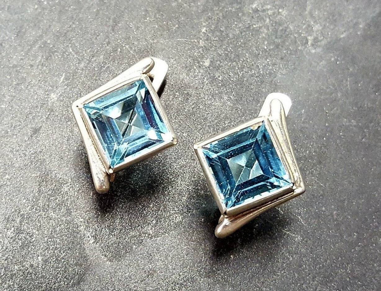Blue Topaz Earrings, Natural Blue Topaz, December Earrings, Rhombus Earrings, Topaz Earrings, Vintage Earrings, Square Earrings, Blue Topaz