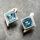 Square Blue Topaz Earrings - Asymmetric Studs, Natural Blue Topaz Earrings