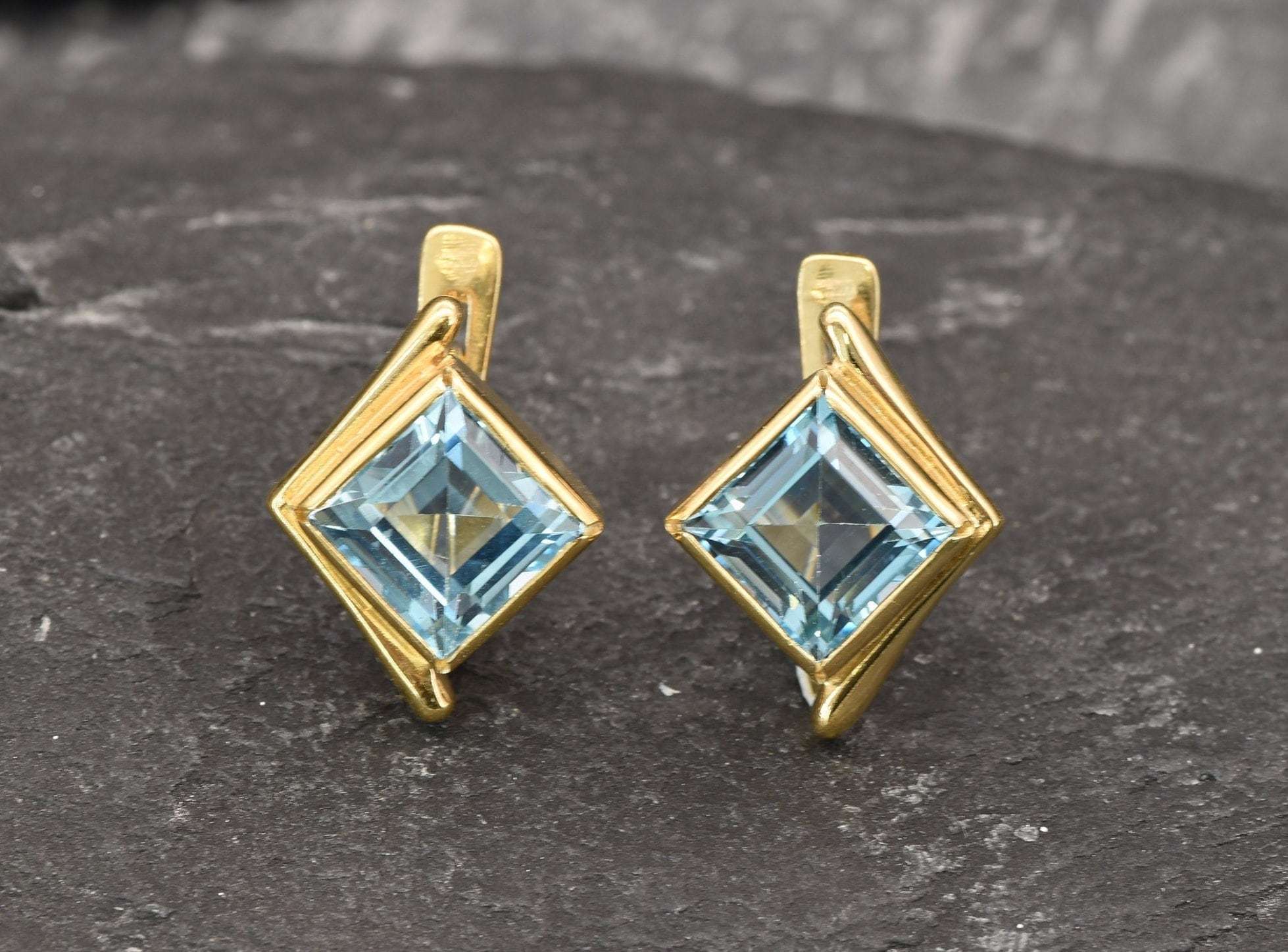 Blue Topaz Earrings, Natural Blue Topaz, December Earrings, Rhombus Earrings, Topaz Earrings, Vintage Earrings, Square Earrings, Blue Topaz(1)