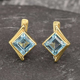 Square Blue Topaz Earrings - Princess Cut Earrings - Classy Bezel Studs