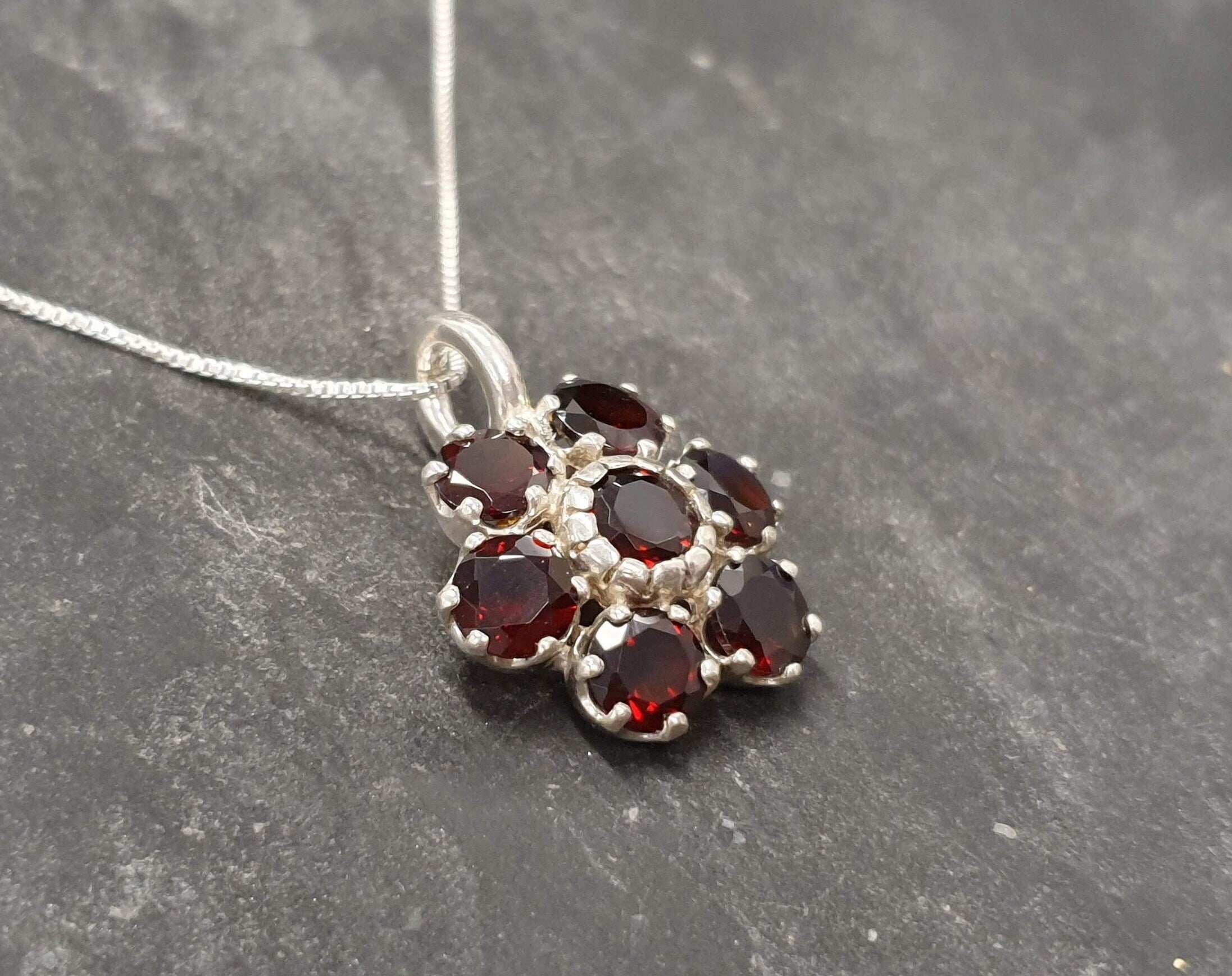 Red Flower Pendant, Garnet Pendant, Red Daisy Pendant, January Birthstone, Red Vintage Pendant, Birthstone Pendant, Solid Silver Pendant